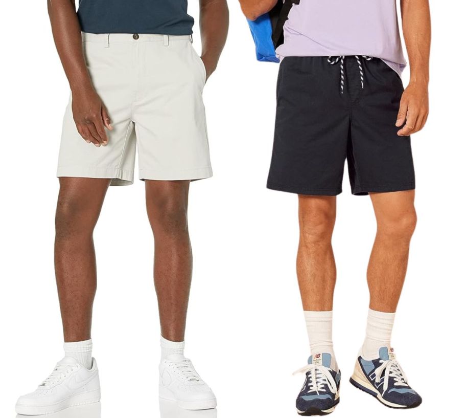 two male models wearing amazon essentials mens shorts in silver and black