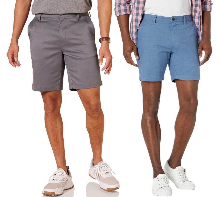 two male models wearing amazon essentials mens shorts in gray and lite blue