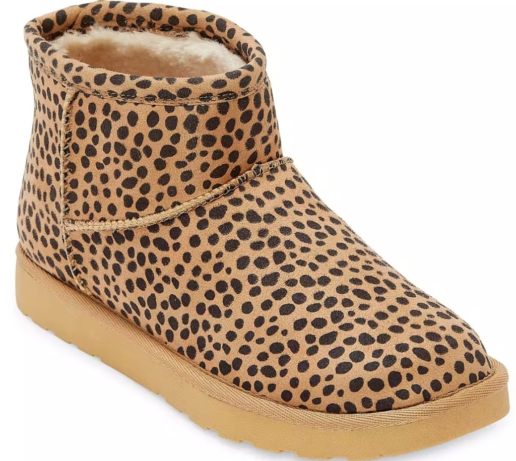 cheetah print women's winter bootie with tan sole