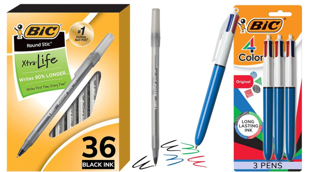 two stock images of BIC pens with scribble marks on them 