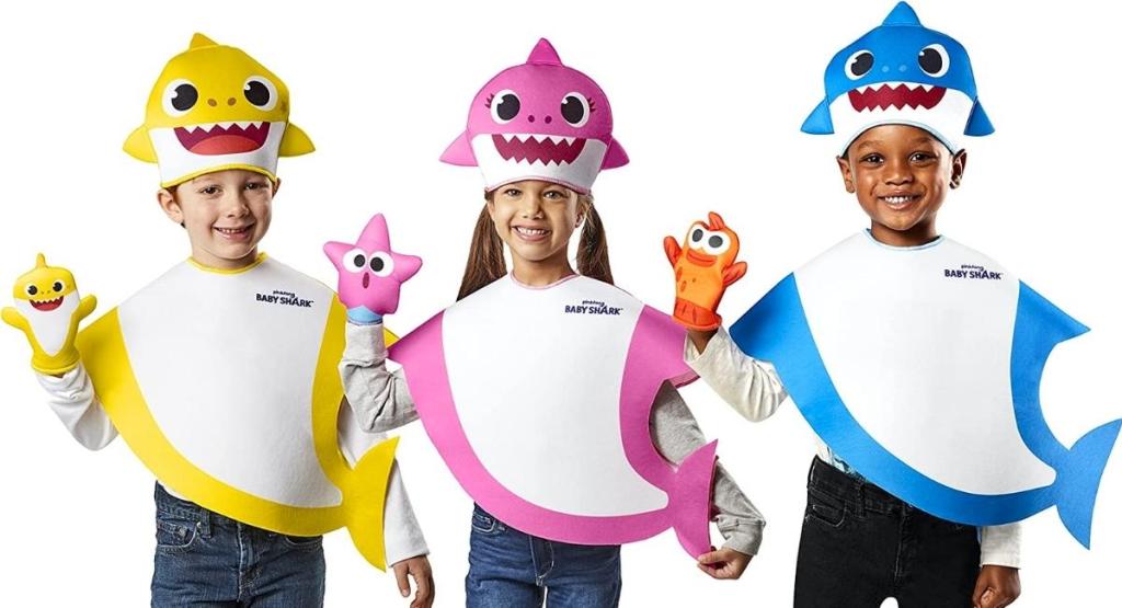 kids wearing baby shark trunk set costumes