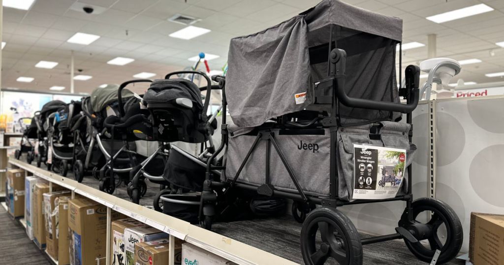 gray wagon stroller on shelf 