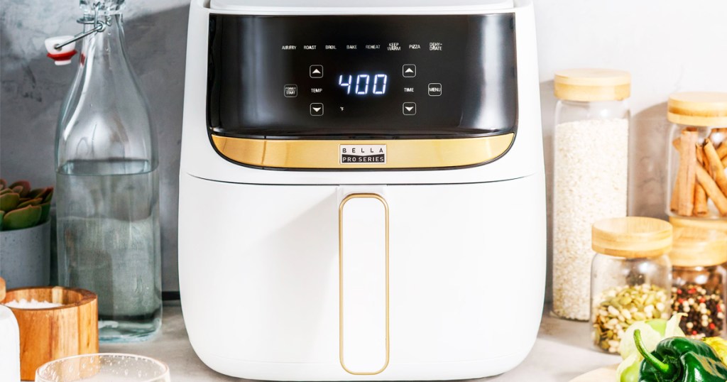 white air fryer with gold accents