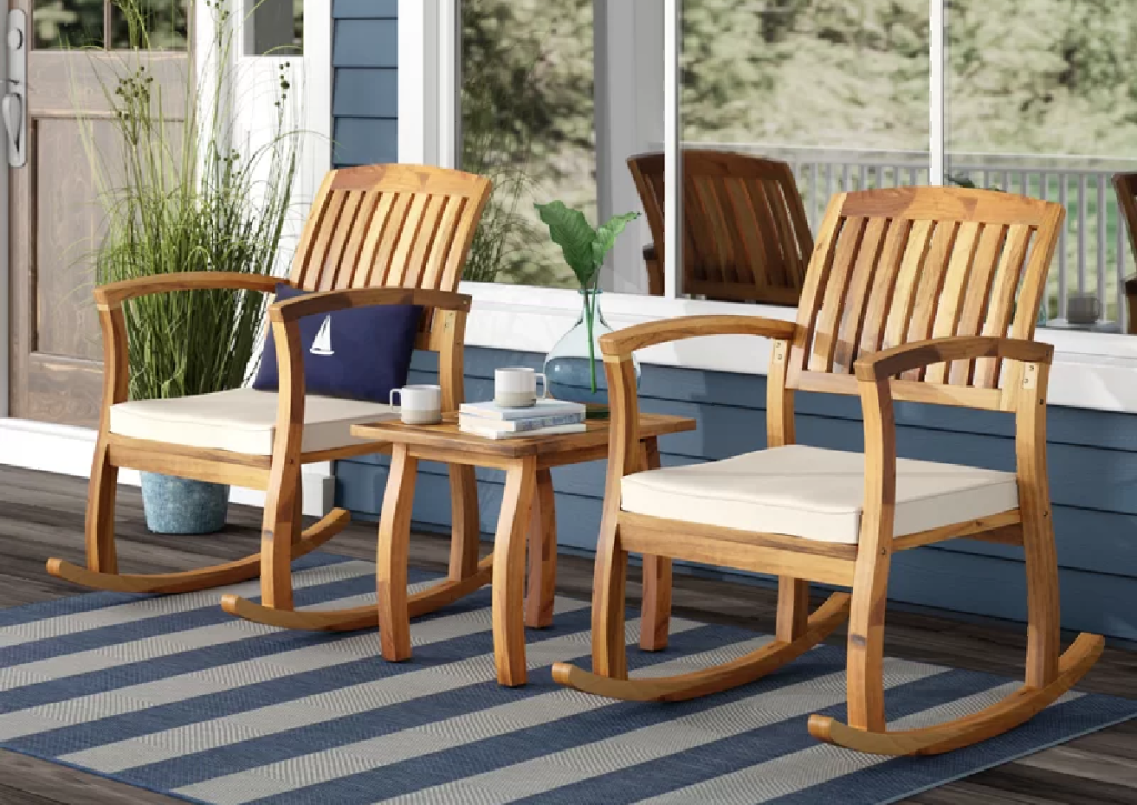 This gorgeous three piece solid wood patio set with rocking chairs is available at the Wayfair Way Day event