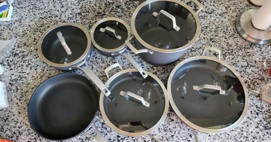 Calphalon Classic 11-Piece Hard Anodized Cookware Set on kitchen counter