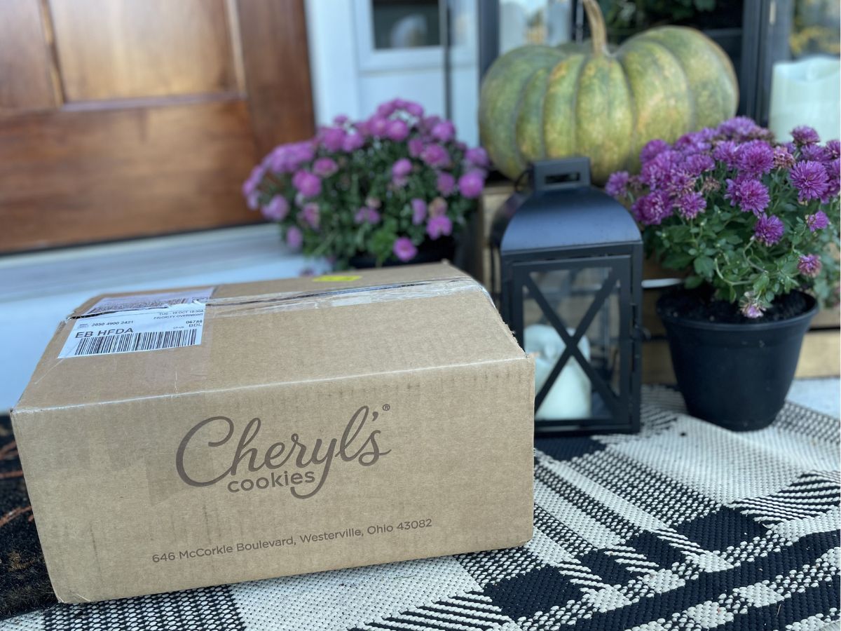 box of Cheryl's Cookies on front porch 