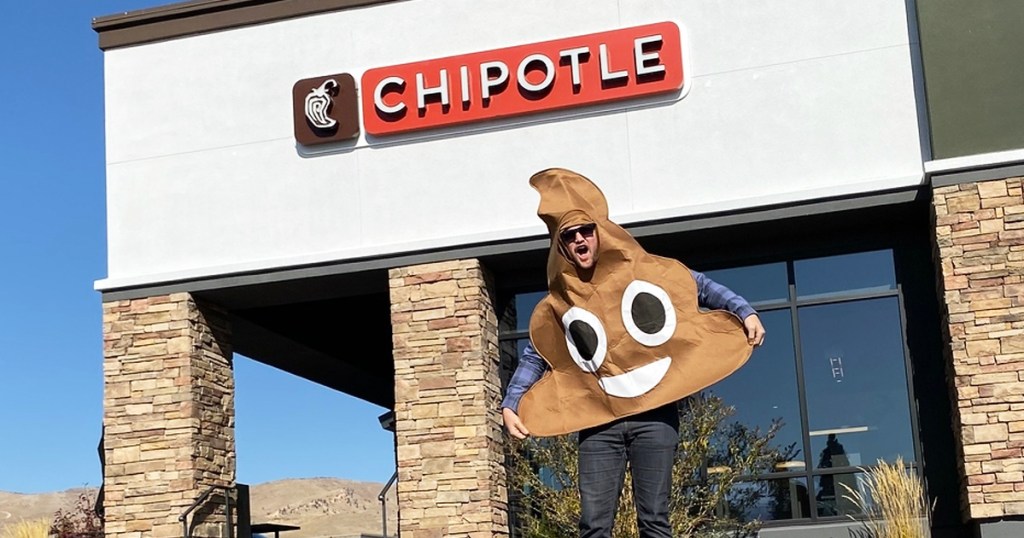 man standing in poop costume in front of chipotle