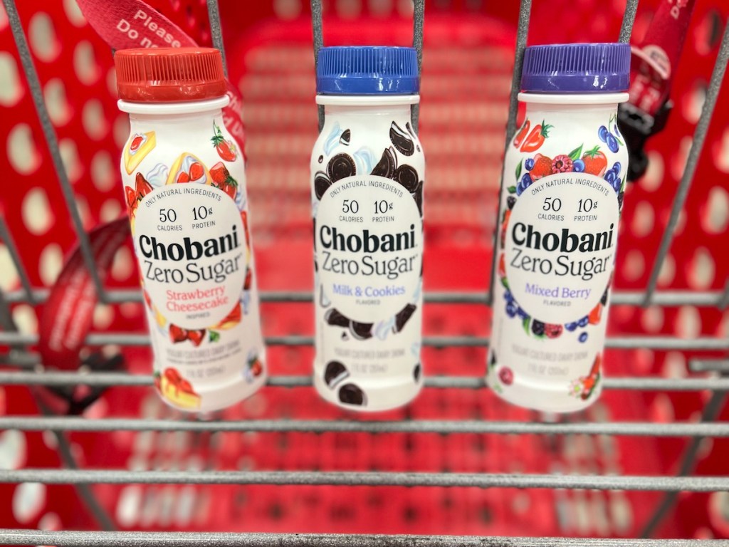 Three bottles of Chobani Zero Sugar Yogurt Drinks in a Target cart