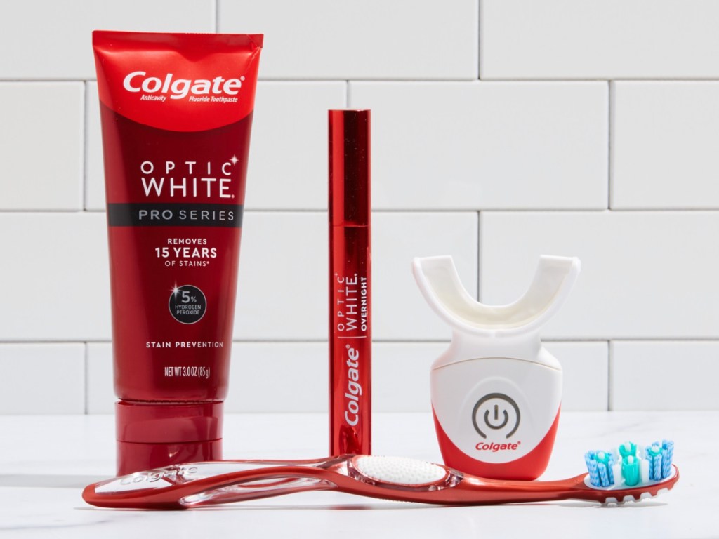 Colgate optic white items on bathroom counter