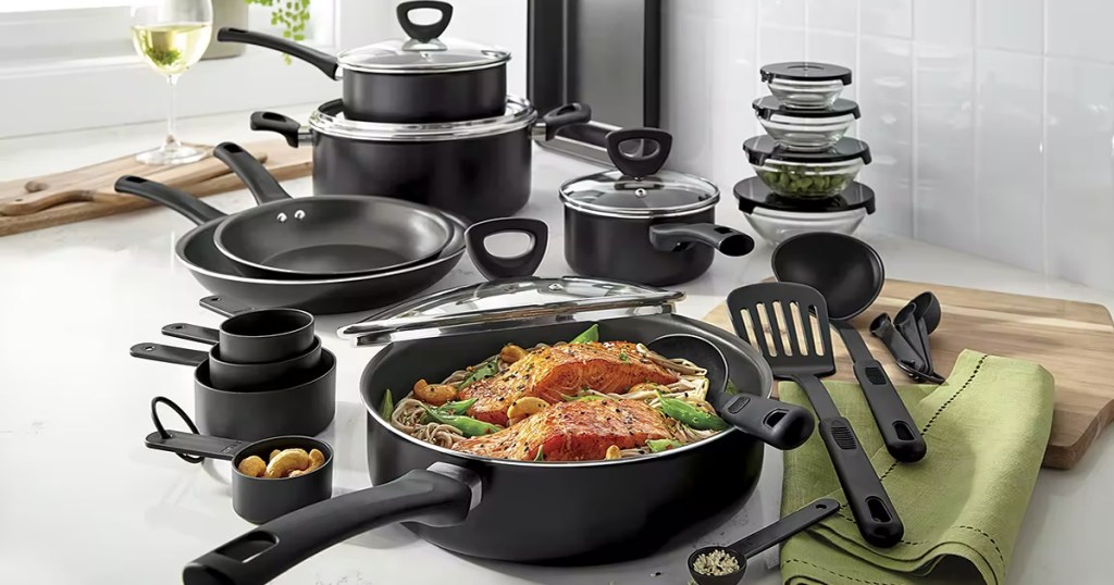 black cookware set on kitchen counter