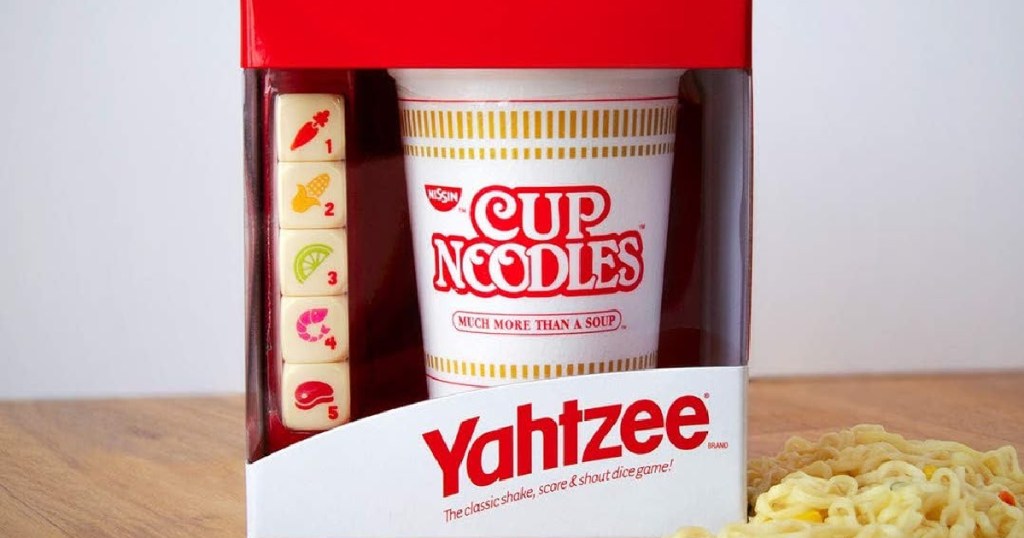 Cup Noodles Yahtzee game on desk