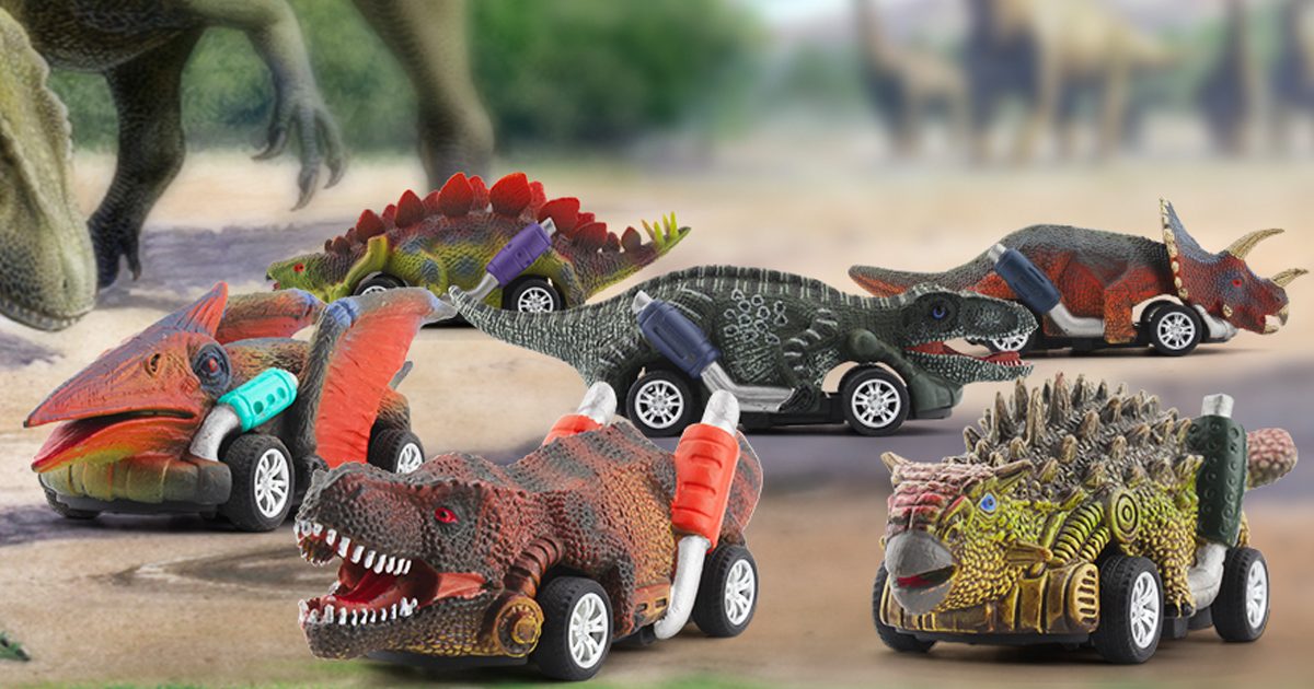 collection of dinosaur car toys clustered together