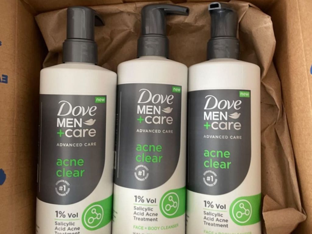 3 bottles of Dove Men+ Care Acne Clear Face & Body Wash