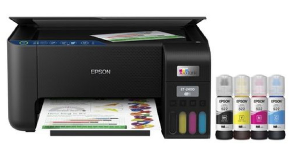 black printer with colored ink bottles 