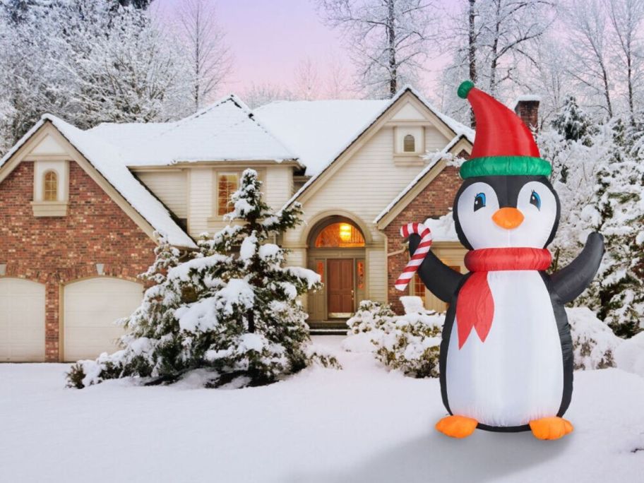 Fraser Hill Farm 10' Lighted Penguin Christmas Inflatable in front of house