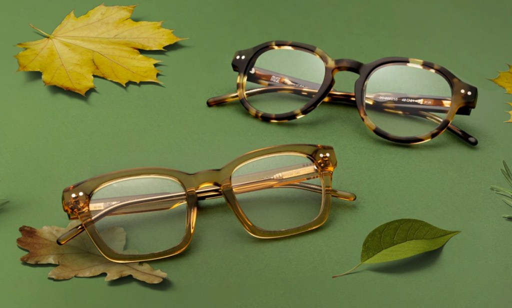 two pairs of glasses with leaves around them
