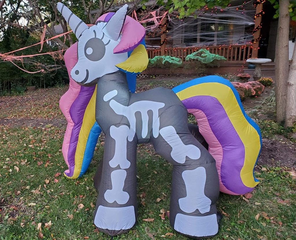 Goosh Halloween Inflatable Skeleton Unicorn with Rainbow Hair