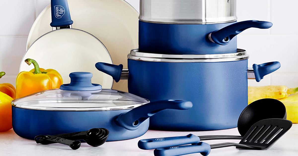 GreenLife 12pc Ceramic cookware set in blue