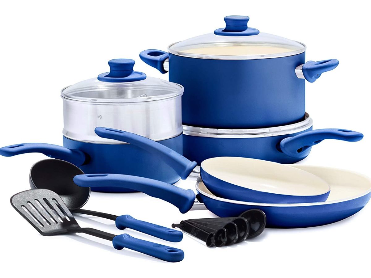 GreenLife 12 piece ceramic cookware set in blue, with lids and cooking utensils
