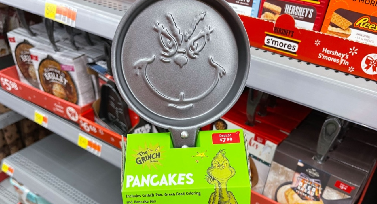 Dr. Seuss The Grinch Holiday round pancake pan with pancake mix and .03 oz  of Green Coloring Included in box