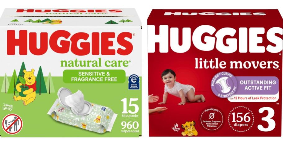 Large box of Huggies Natural Care Wipes and large box of Huggies Little Snuggler diapers