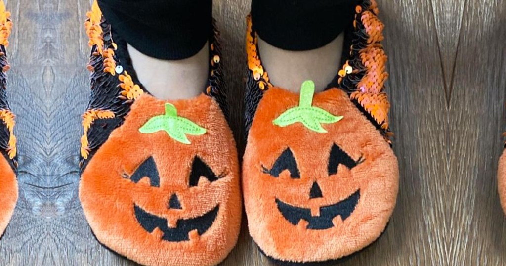 wearing pumpkin slipper socks