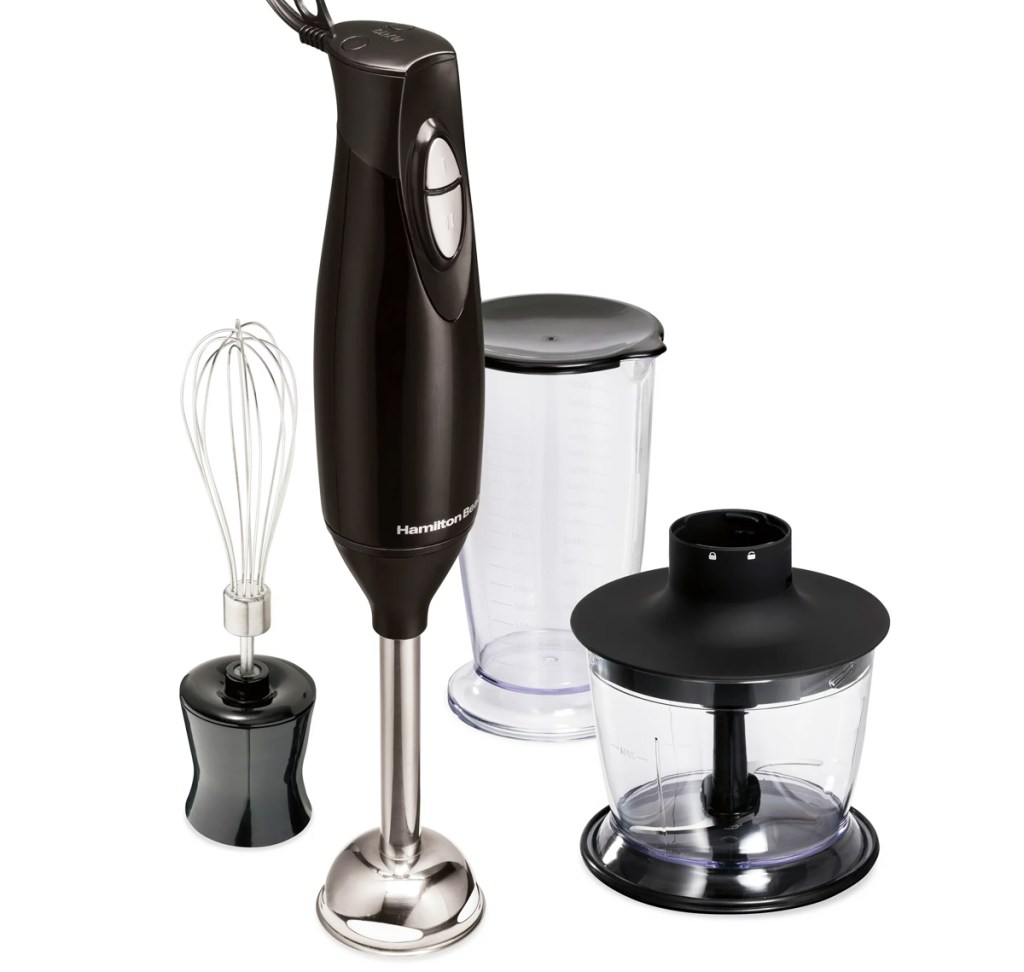 immersion blender, whisk, and cups set