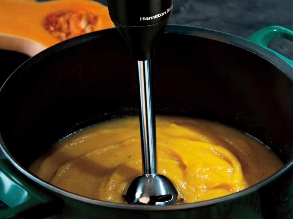 immersion blender in pot of soup