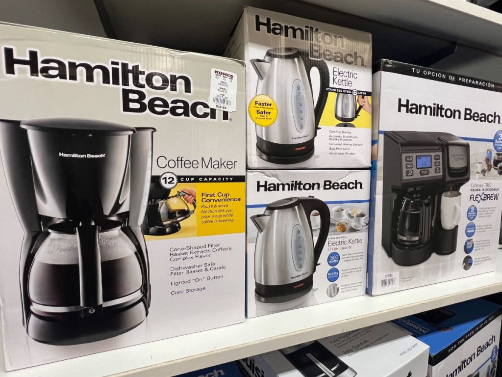 Hamilton Beach appliances in boxes on a shelf at at store