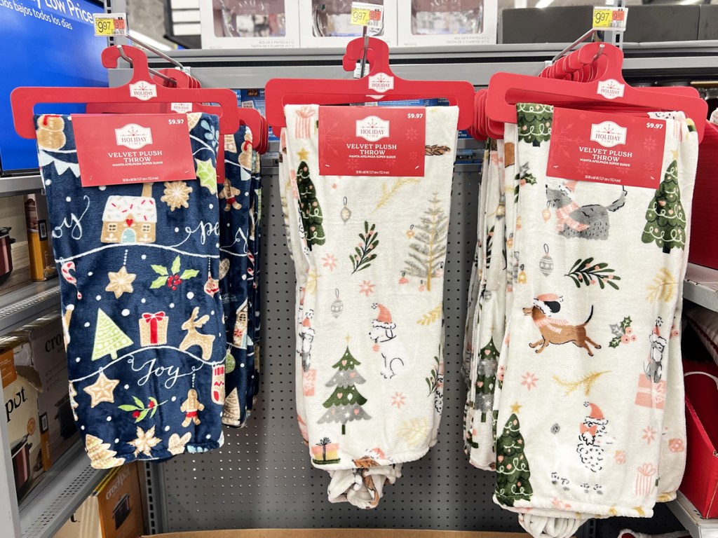 christmas throw blankets on store display