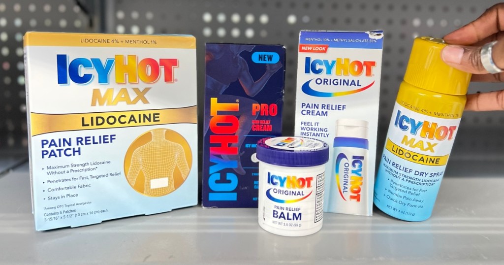 several icy hot products on store shelf