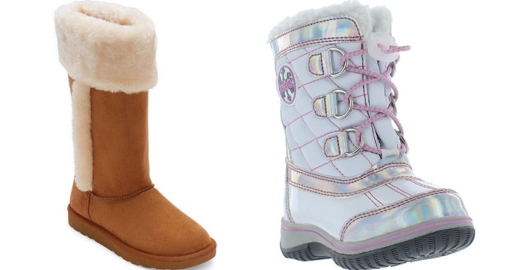 Tall tan boot with faux fur lining and a purple lace-up winter boot