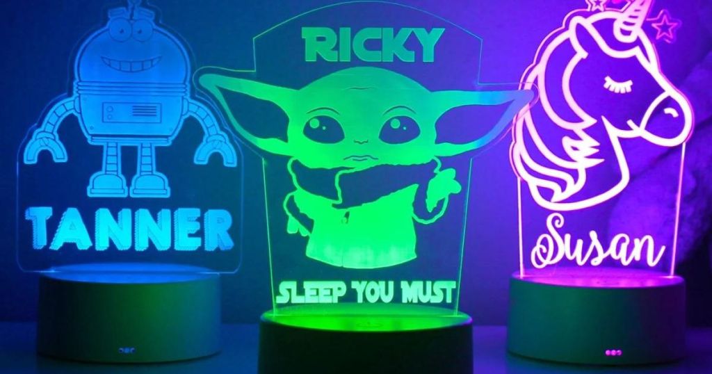 3 personalized kids night lights with a robot, Grogu and a unicorn
