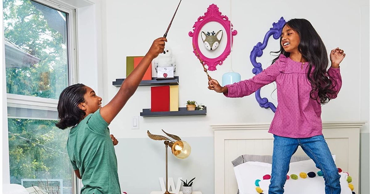kids dueling with Harry Potter wands