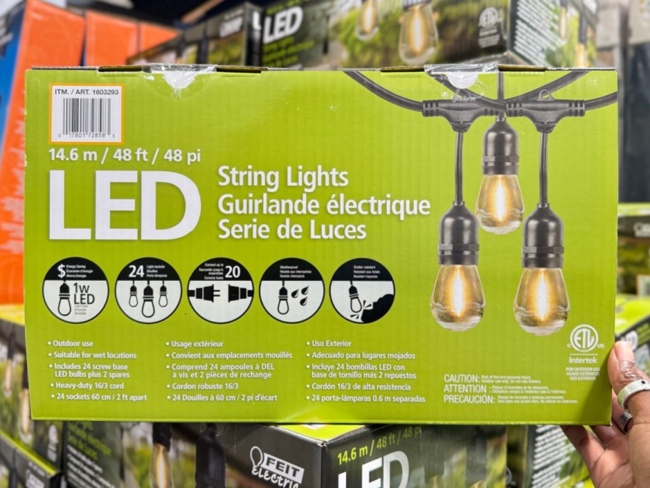 A box of LED String Lights from Costco