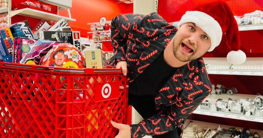 Man in Santa Hat with full Target cart