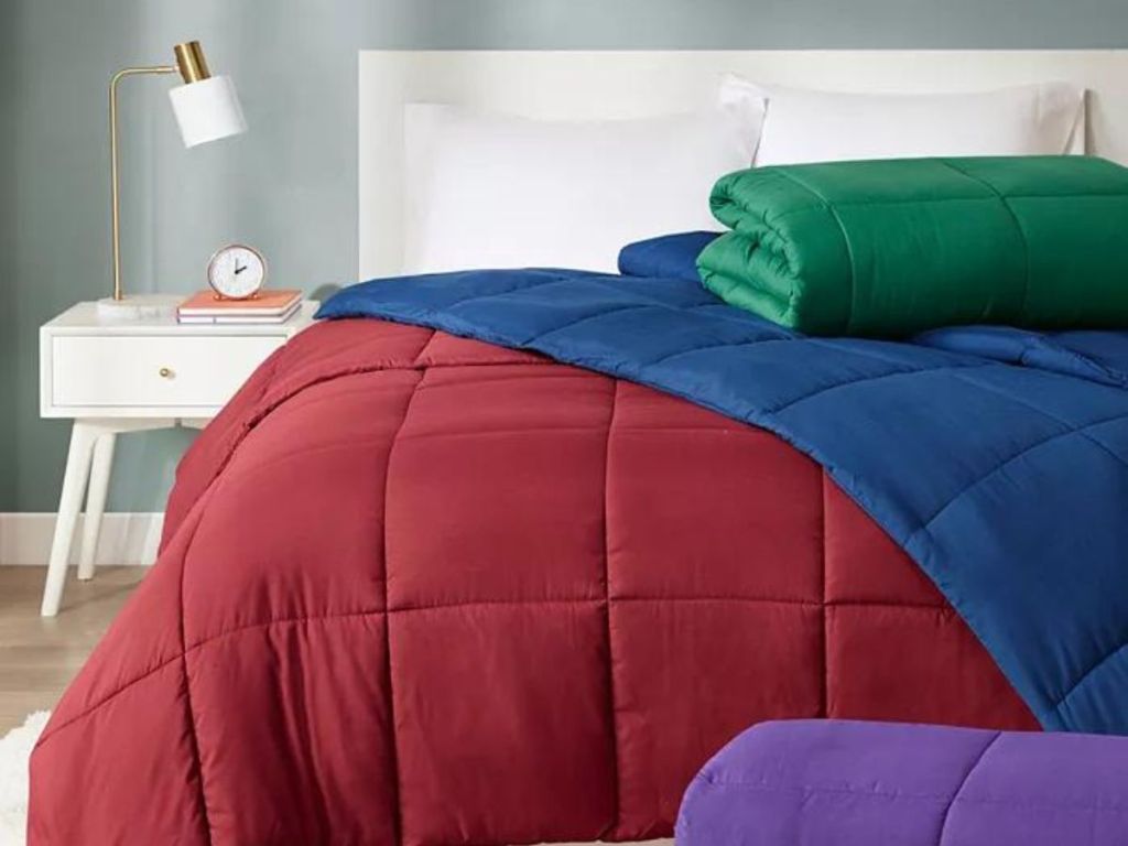 colorful comforters on bed