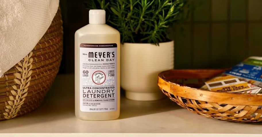 A laundry detergent bottle on a countertop