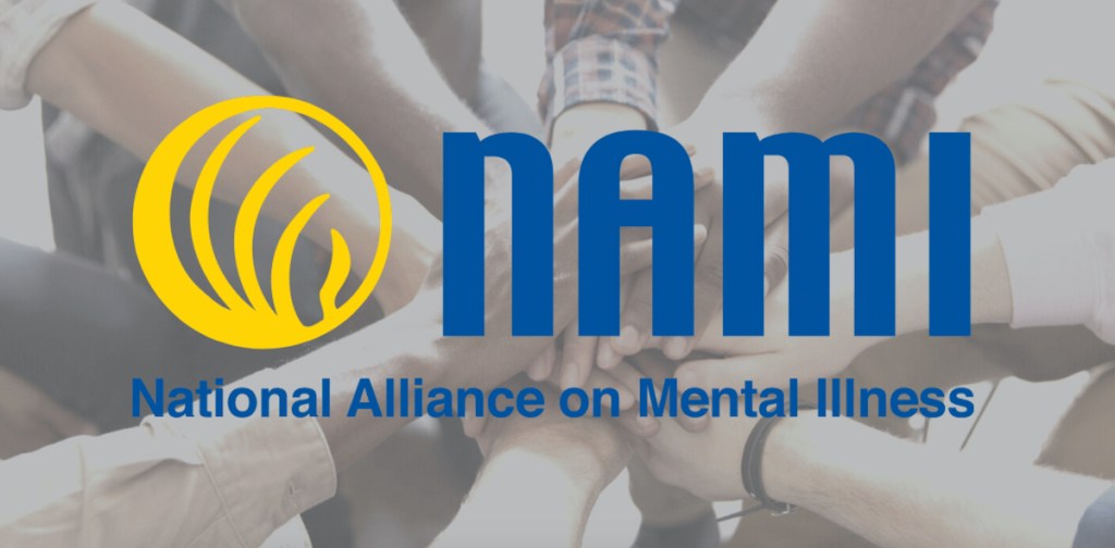 NAMI National Alliance on Mental Illness graphic with group of peoples hands together