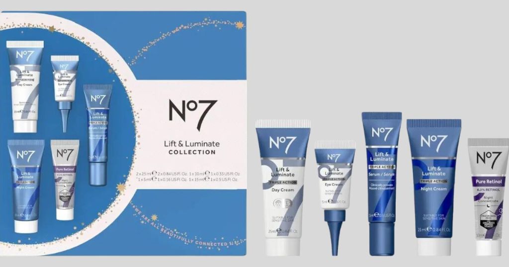 No7 Lift & Luminate Collection package and the items lined up on side of packaging
