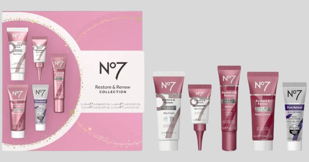 No7 Restore & Renew Collection package and the items lined up on side of packaging