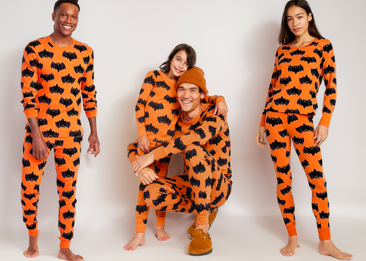 family dressed in matching bat pajamas