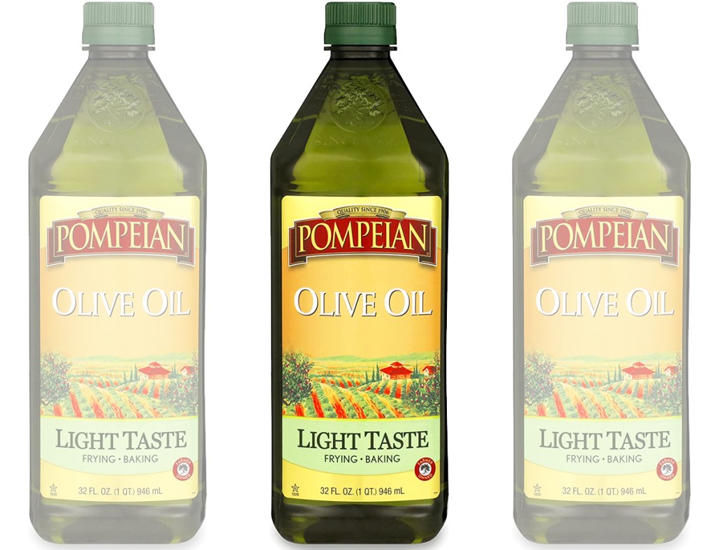 three bottles of Pompeian Light Taste Olive Oil