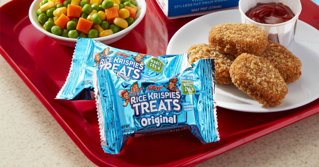 two Rice Krispies Treats Mini-Squares on lunch tray