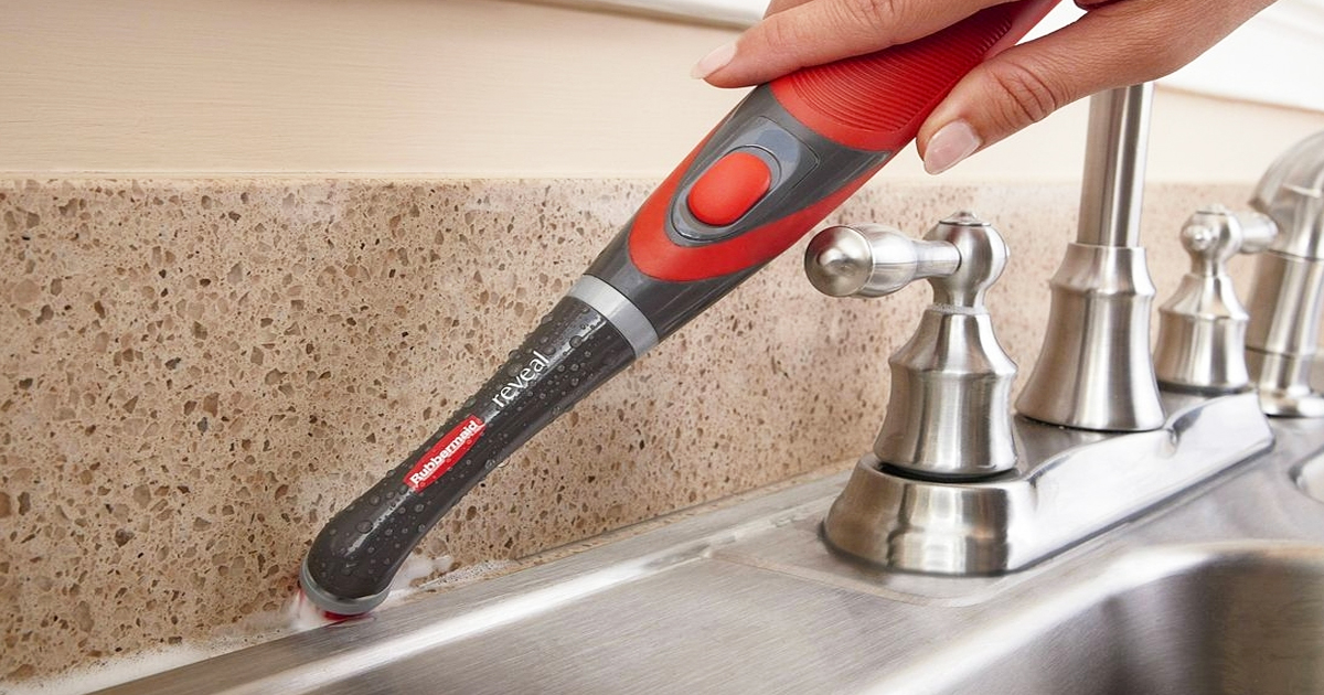 Rubbermaid Reveal Cordless Battery Power Scrubber cleaning near sink