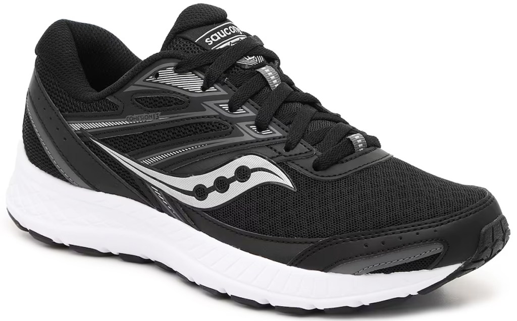black and white saucony running shoe