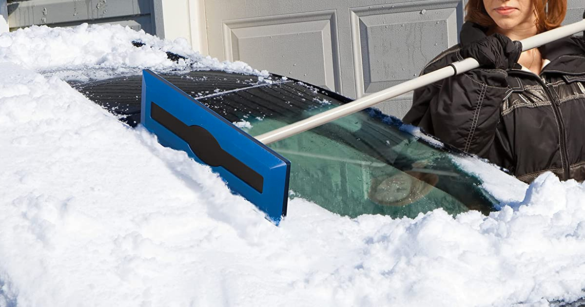 using Snow Joe Telescoping Snow Broom on car windshield