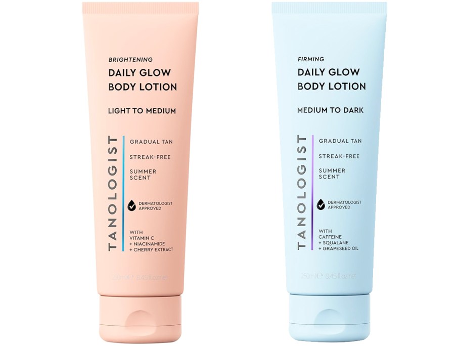 pink and blue bottles of Tanologist body lotions