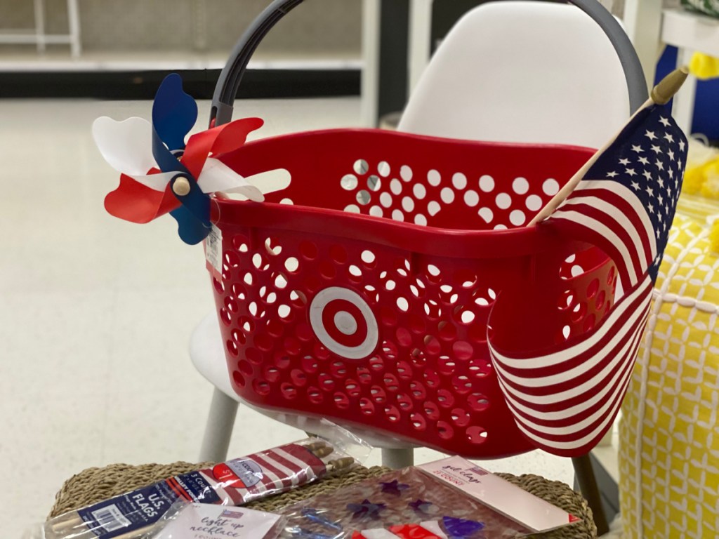 target shopping basket with small american flag and red white and blue items