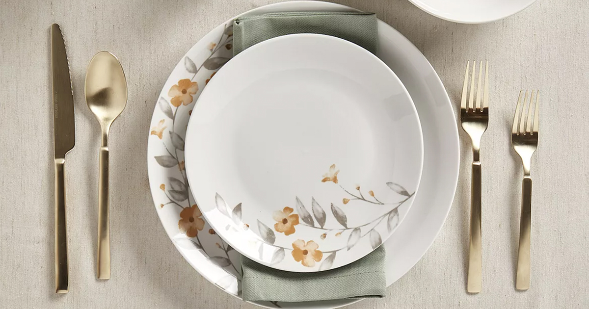 floral the big one kohl's dinnerware set surrounded by gold utensils